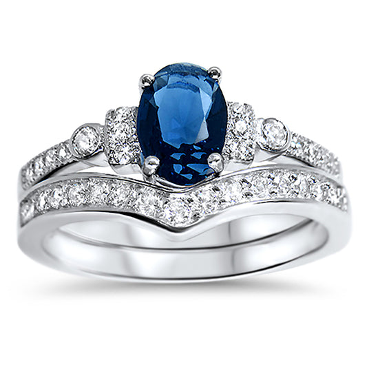 3/4 Carat Oval Simulated Blue Simulated Sapphire Wedding Engagement Ring Set for Women