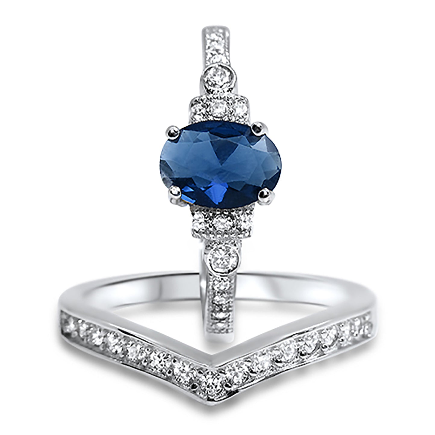 3/4 Carat Oval Simulated Blue Simulated Sapphire Wedding Engagement Ring Set for Women