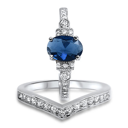 3/4 Carat Oval Simulated Blue Simulated Sapphire Wedding Engagement Ring Set for Women