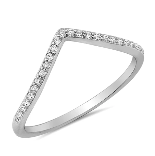 Deep V Chevron CZ Sterling Silver Wedding Band Ring for Women
