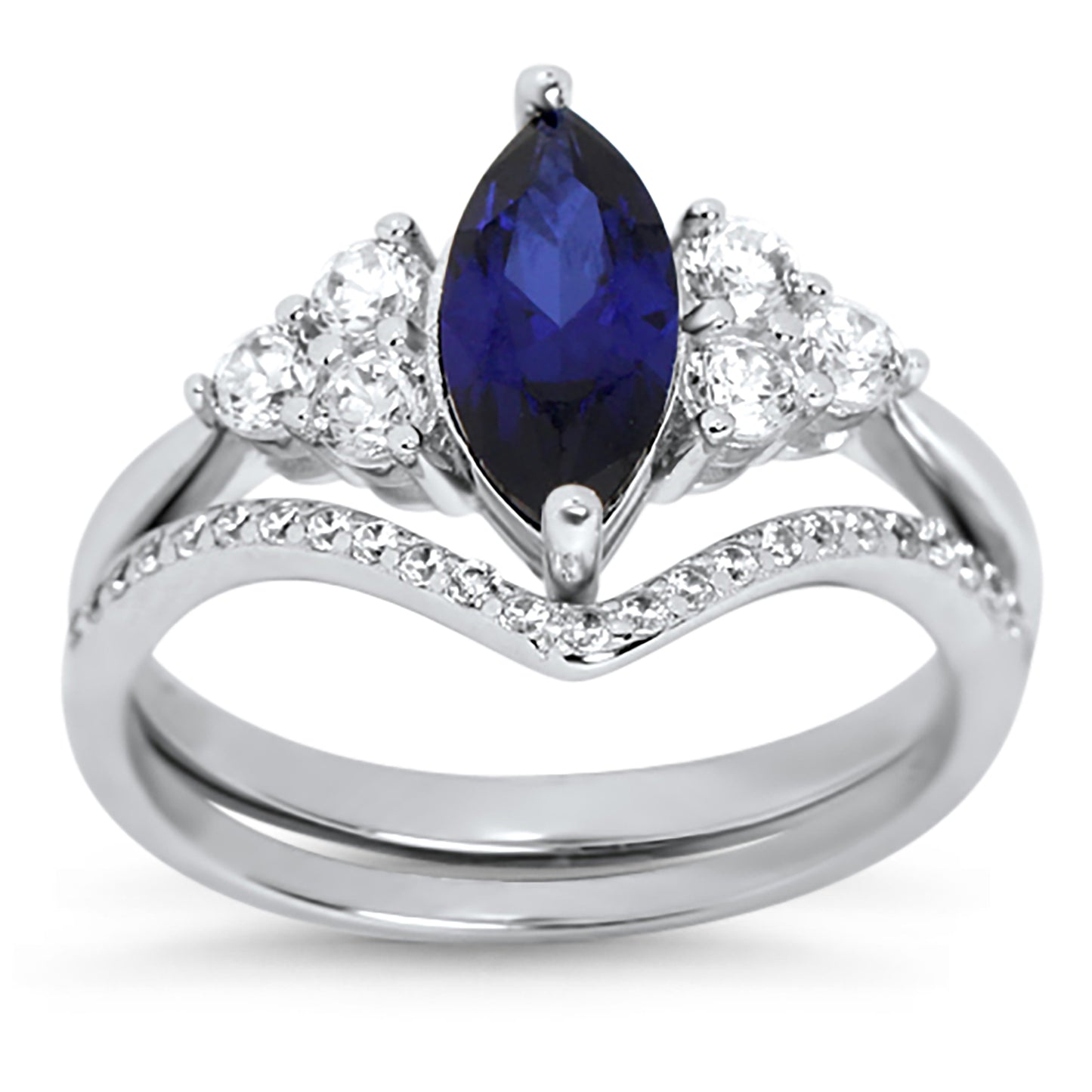 1.25 Carat Marquise Cut Dark Blue CZ Sterling Silver Wedding Engagement Ring Set