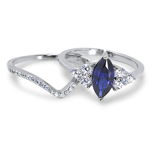 1.25 Carat Marquise Cut Dark Blue CZ Sterling Silver Wedding Engagement Ring Set