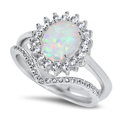 1 Carat Lab Created White Opal Sterling Silver Wedding Ring Set