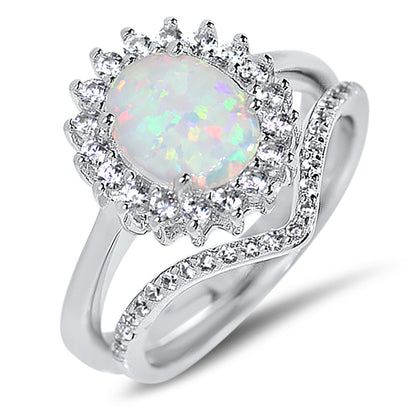 1 Carat Lab Created White Opal Sterling Silver Wedding Ring Set