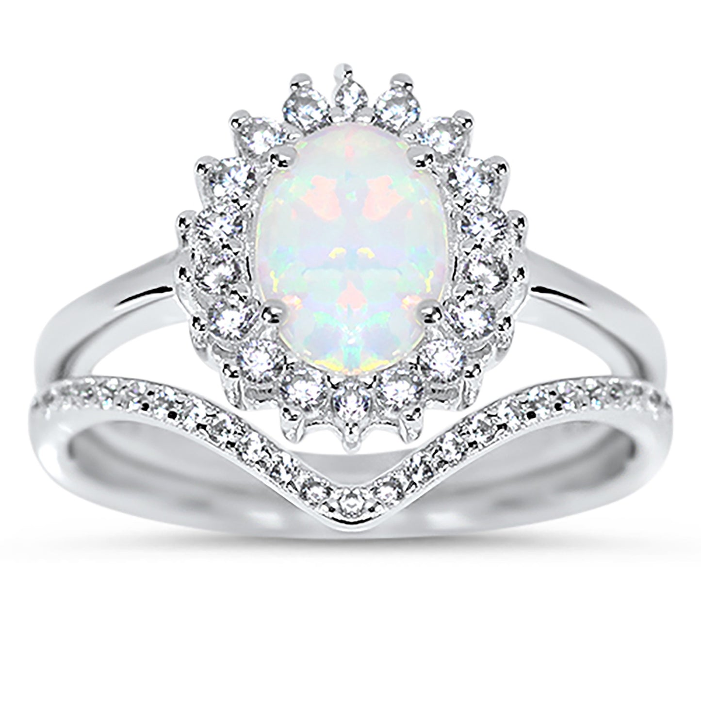 1 Carat Lab Created White Opal Sterling Silver Wedding Ring Set