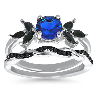 1 Carat Round Blue Black CZ Wedding Engagement Ring Set for Women