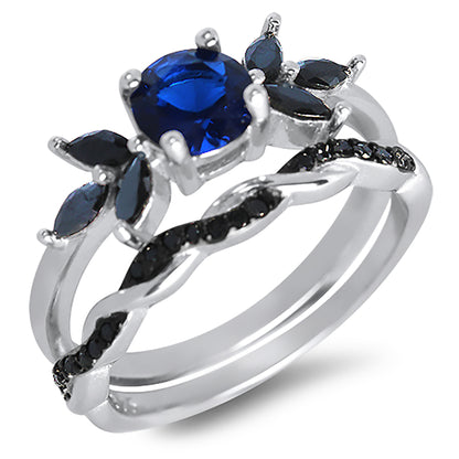 1 Carat Round Blue Black CZ Wedding Engagement Ring Set for Women