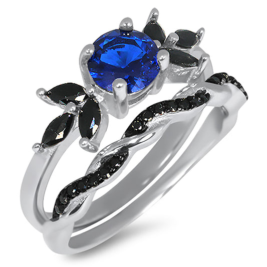 1 Carat Round Blue Black CZ Wedding Engagement Ring Set for Women