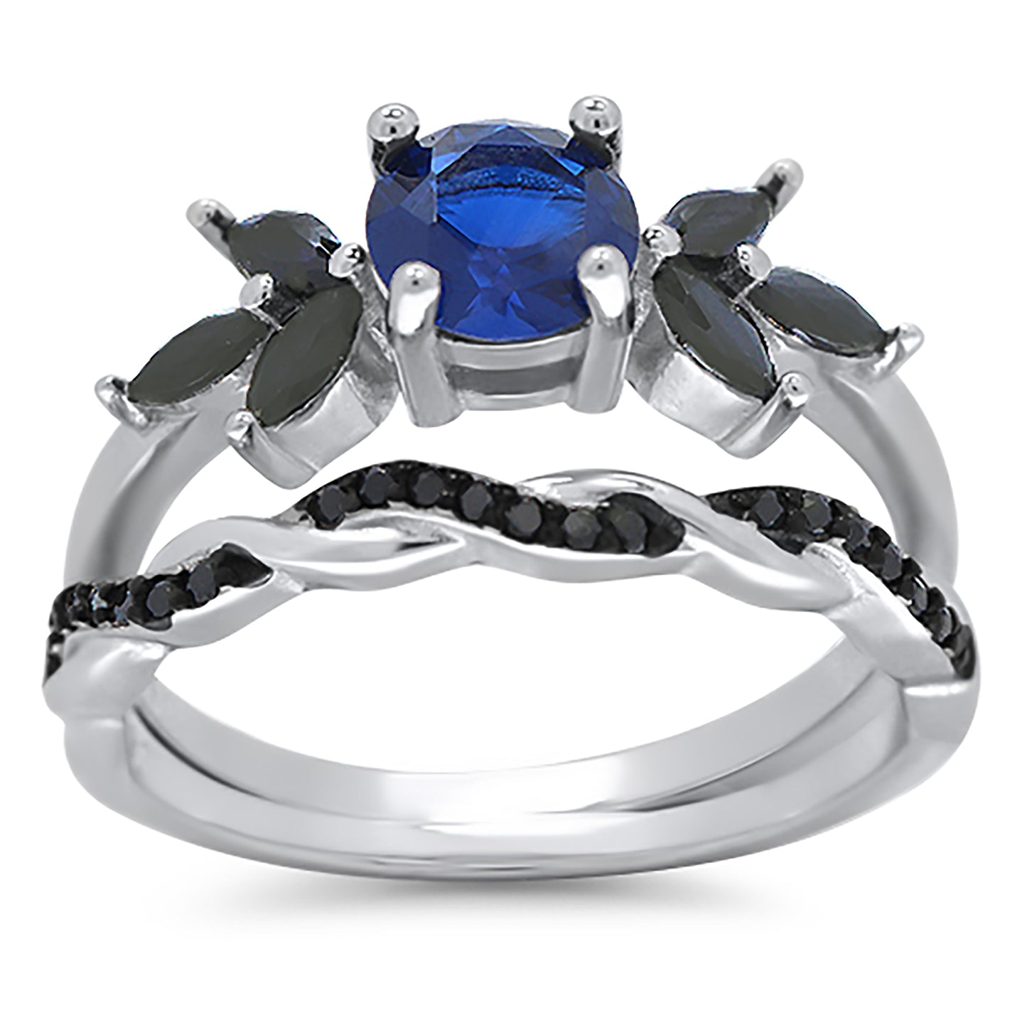 1 Carat Round Blue Black CZ Wedding Engagement Ring Set for Women