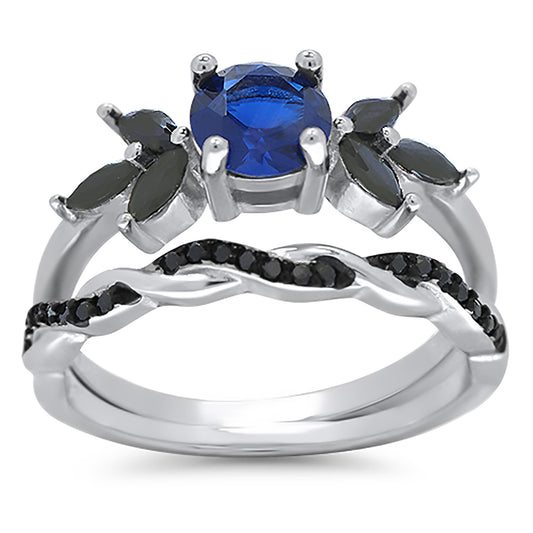 1 Carat Round Blue Black CZ Wedding Engagement Ring Set for Women