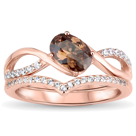Unique Design Chocolate CZ and Simulated Diamond Rose Gold Plated Silver Wedding Set