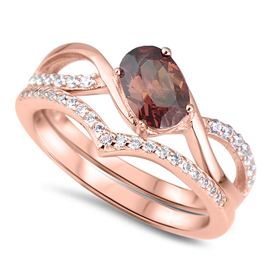 Unique Design Chocolate CZ and Simulated Diamond Rose Gold Plated Silver Wedding Set