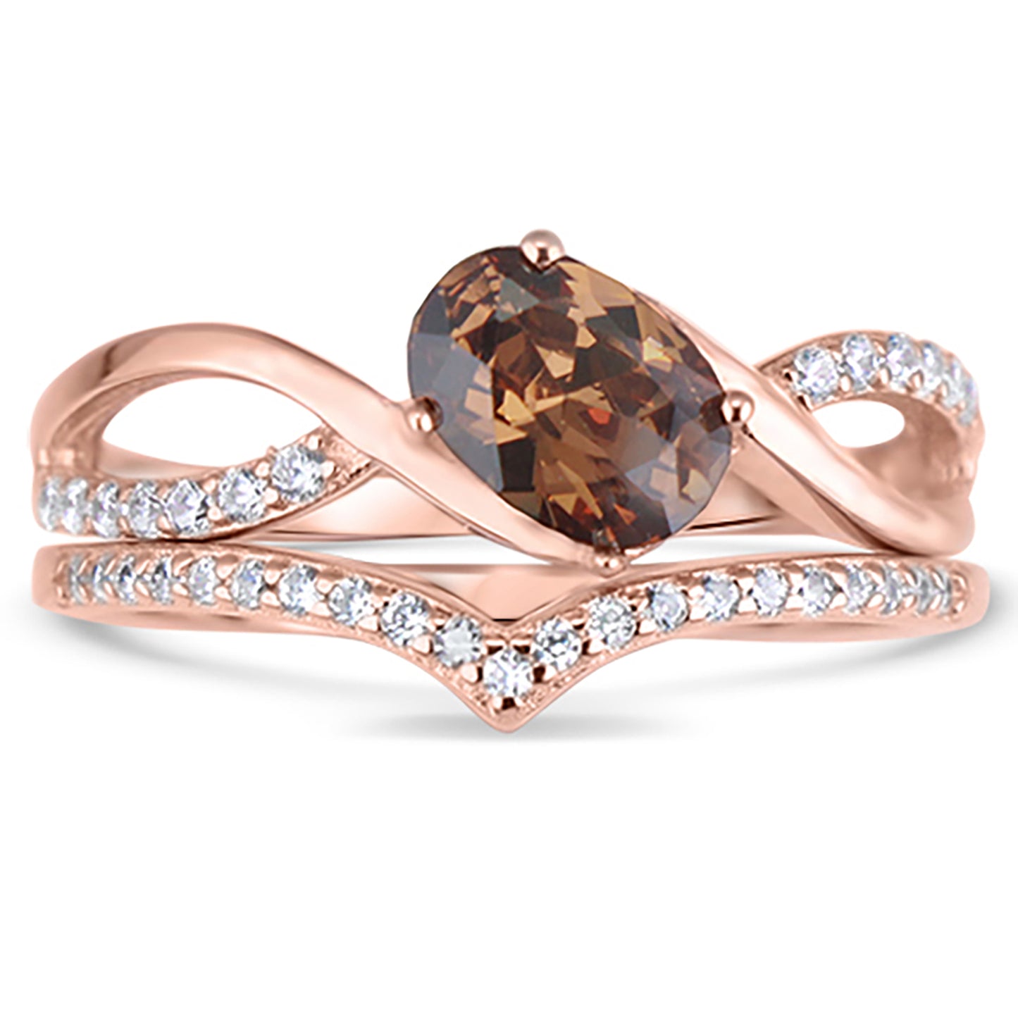 Unique Design Chocolate CZ and Simulated Diamond Rose Gold Plated Silver Wedding Set