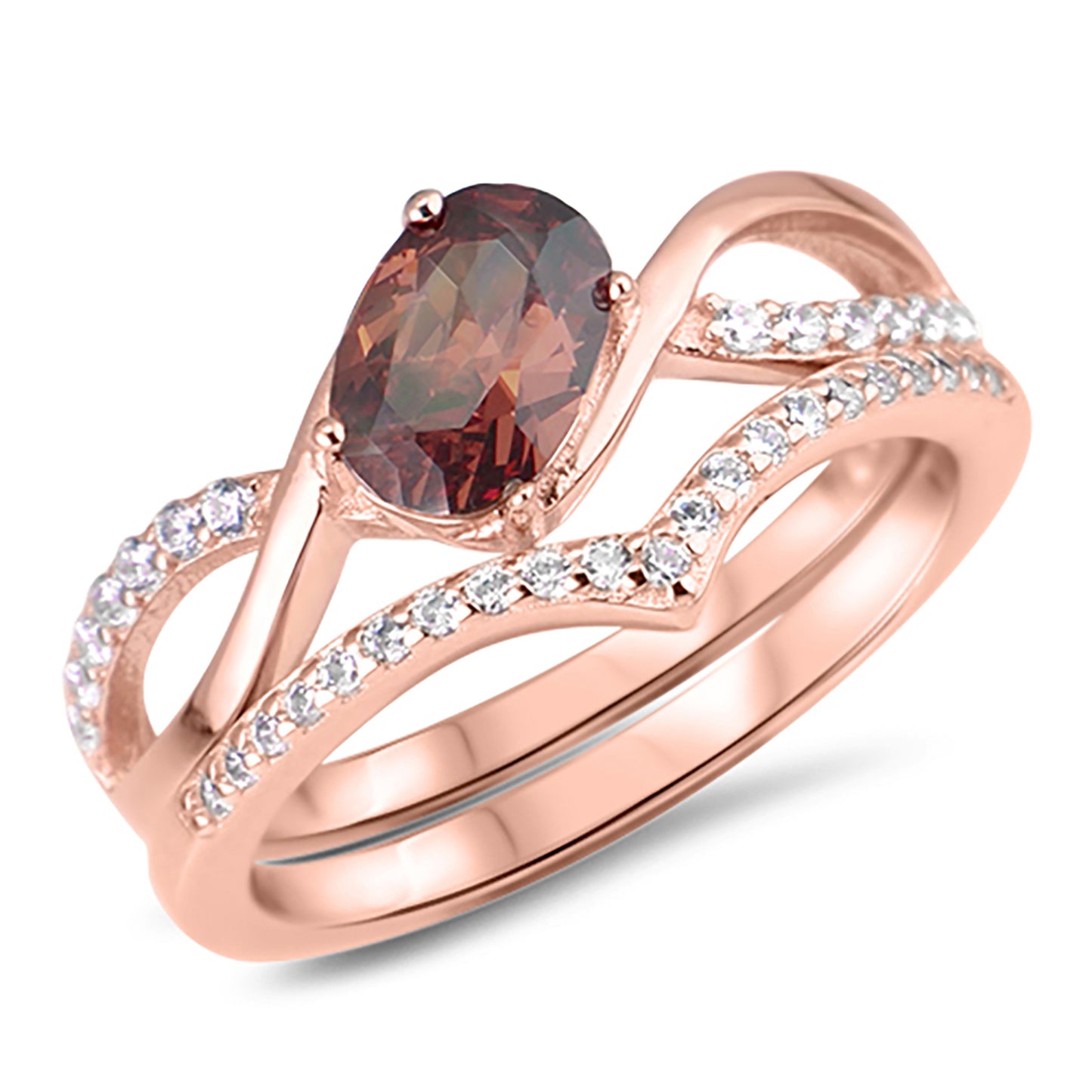 Unique Design Chocolate CZ and Simulated Diamond Rose Gold Plated Silver Wedding Set