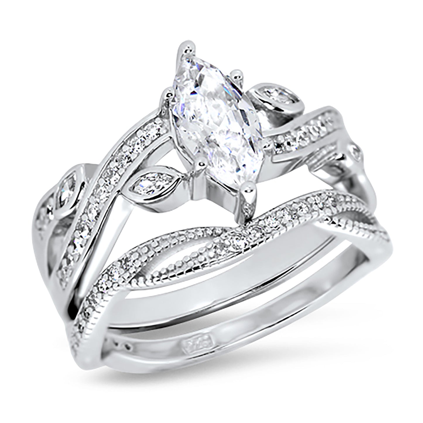 1.25 Carat Marquise Cut CZ Sterling Silver Wedding Engagement Ring Set