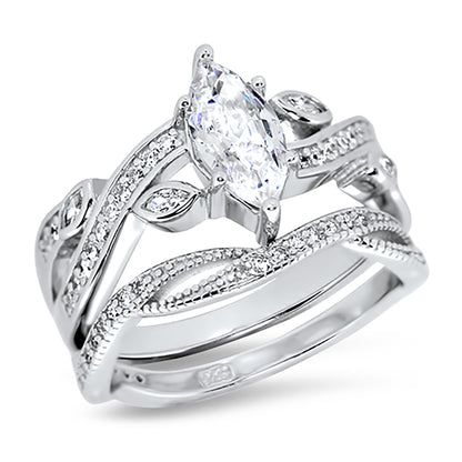 1.25 Carat Marquise Cut CZ Sterling Silver Wedding Engagement Ring Set