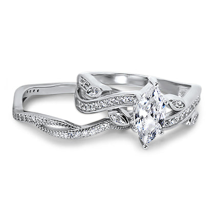 1.25 Carat Marquise Cut CZ Sterling Silver Wedding Engagement Ring Set