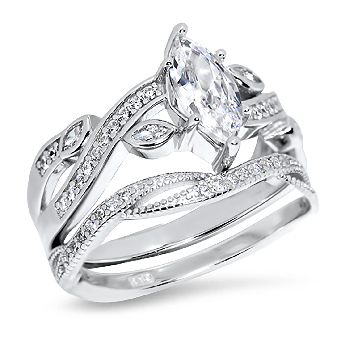1.25 Carat Marquise Cut CZ Sterling Silver Wedding Engagement Ring Set