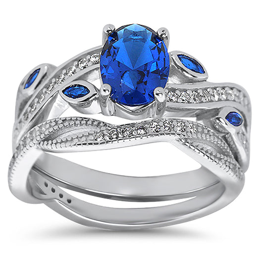 1 Carat Oval Cut Blue CZ Sterling Silver Wedding Ring Set