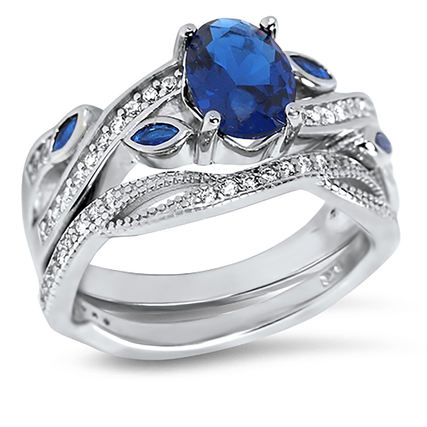 1 Carat Oval Cut Blue CZ Sterling Silver Wedding Ring Set