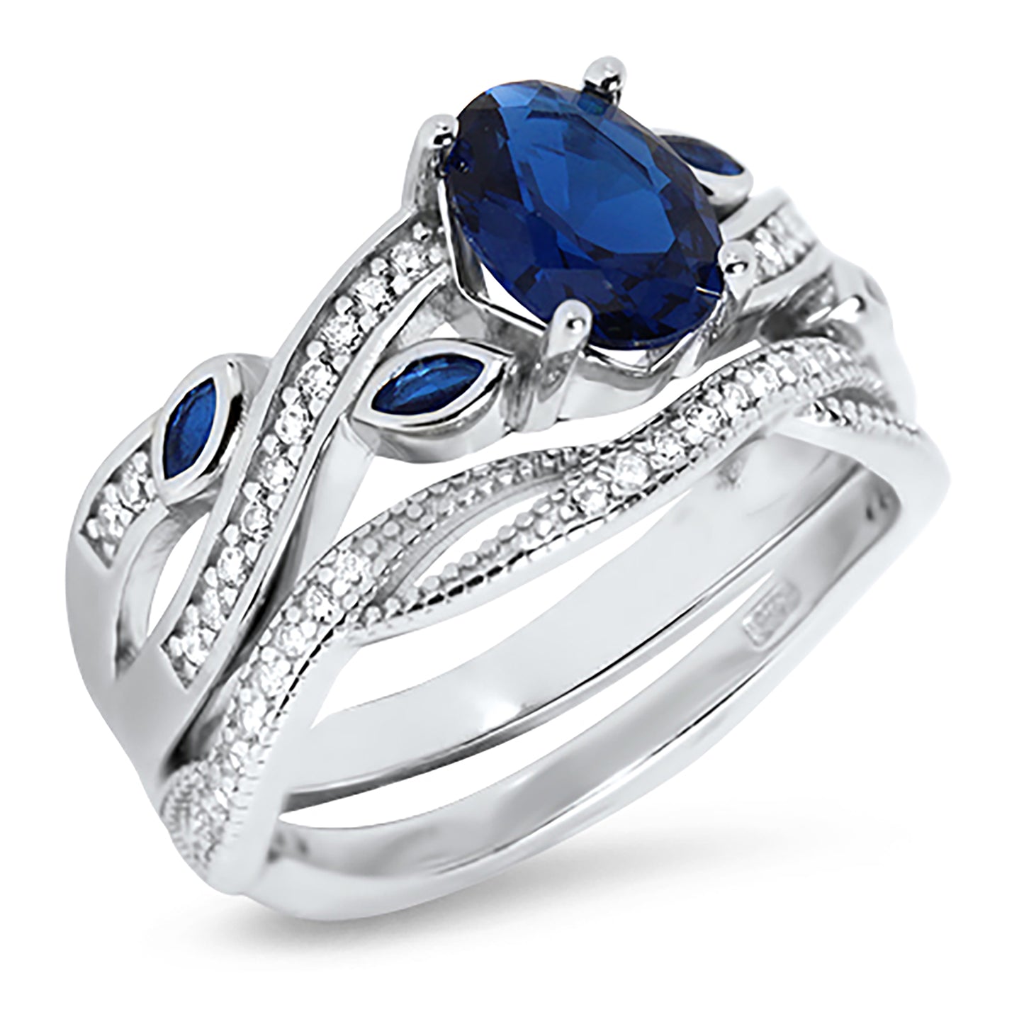 1 Carat Oval Cut Blue CZ Sterling Silver Wedding Ring Set