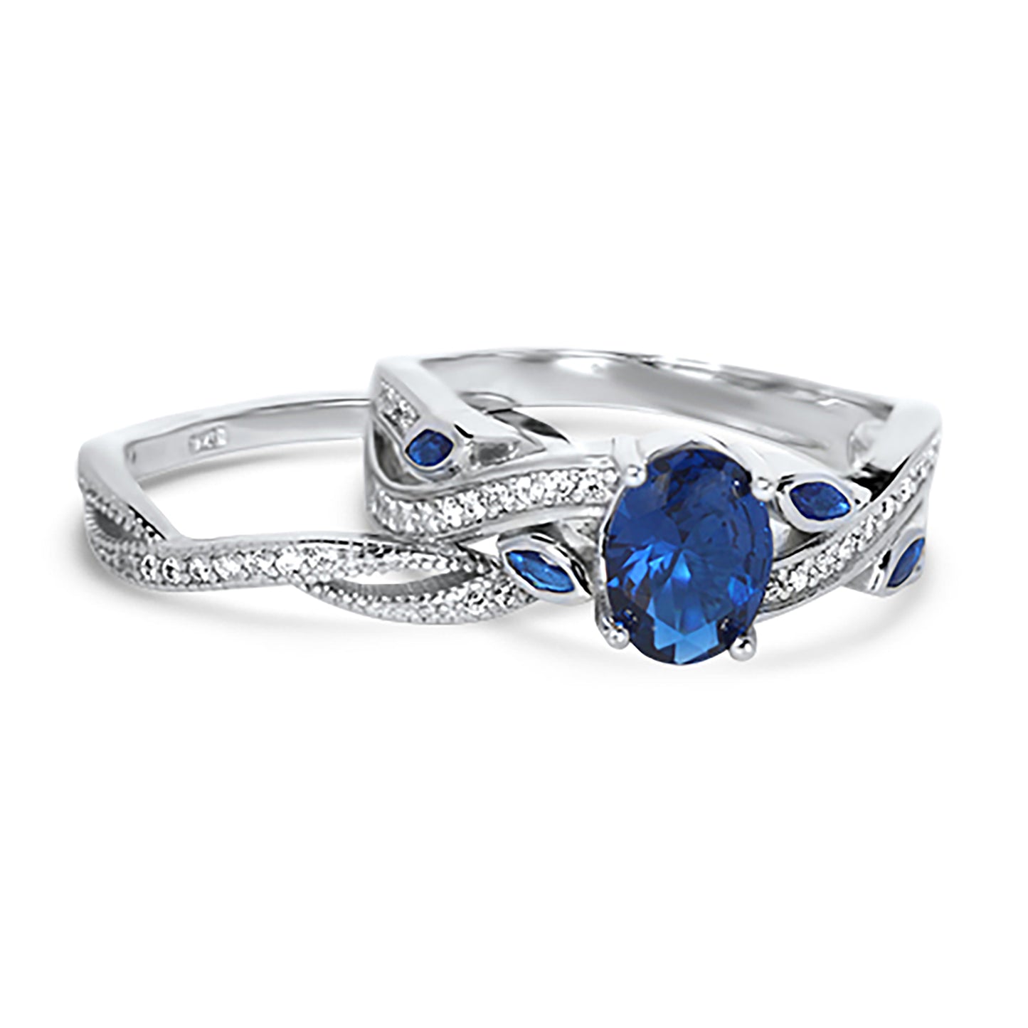 1 Carat Oval Cut Blue CZ Sterling Silver Wedding Ring Set