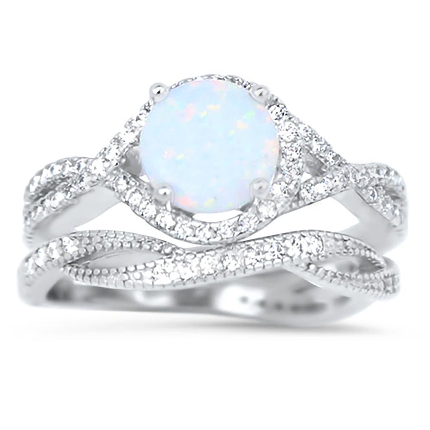 1 Carat Lab Created White Opal Halo Setting Wedding Ring Set in Sterling Silver