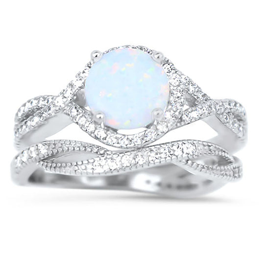 1 Carat Lab Created White Opal Halo Setting Wedding Ring Set in Sterling Silver
