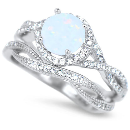 1 Carat Lab Created White Opal Halo Setting Wedding Ring Set in Sterling Silver