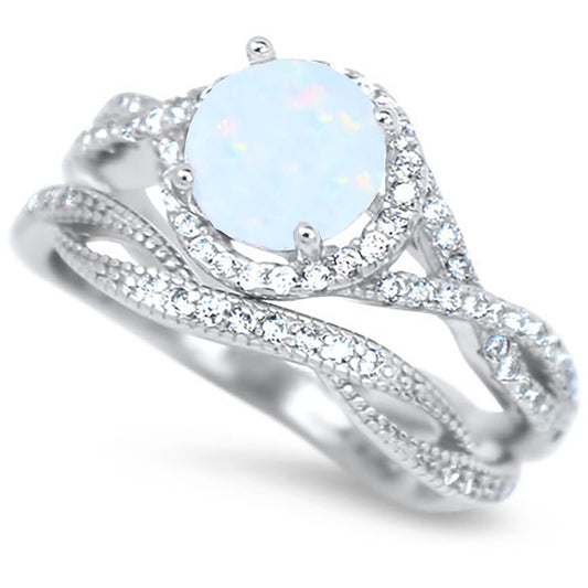 1 Carat Lab Created White Opal Halo Setting Wedding Ring Set in Sterling Silver