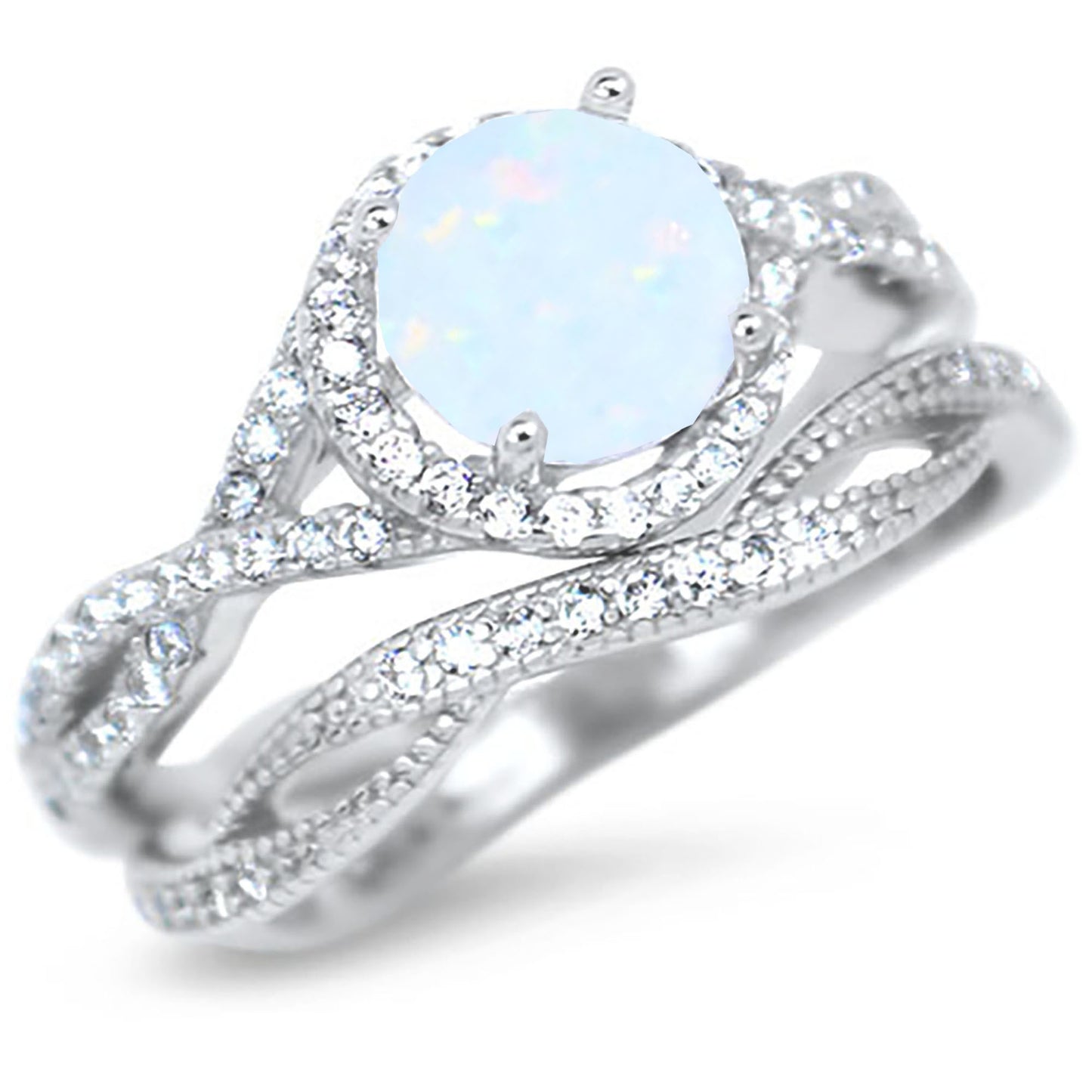 1 Carat Lab Created White Opal Halo Setting Wedding Ring Set in Sterling Silver