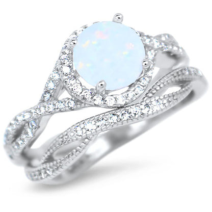 1 Carat Lab Created White Opal Halo Setting Wedding Ring Set in Sterling Silver