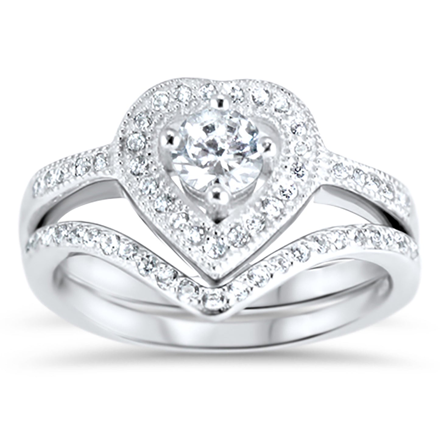 3/4 Carat Heart Cut CZ Sterling Silver Wedding Engagement Ring Set
