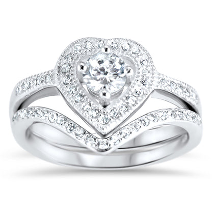 3/4 Carat Heart Cut CZ Sterling Silver Wedding Engagement Ring Set