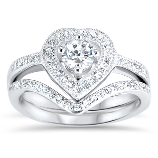 3/4 Carat Heart Cut CZ Sterling Silver Wedding Engagement Ring Set