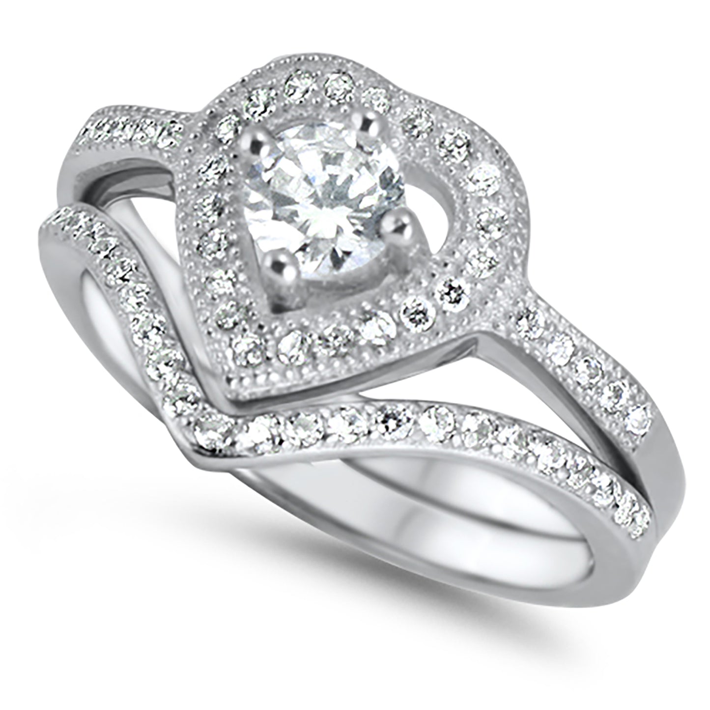 3/4 Carat Heart Cut CZ Sterling Silver Wedding Engagement Ring Set