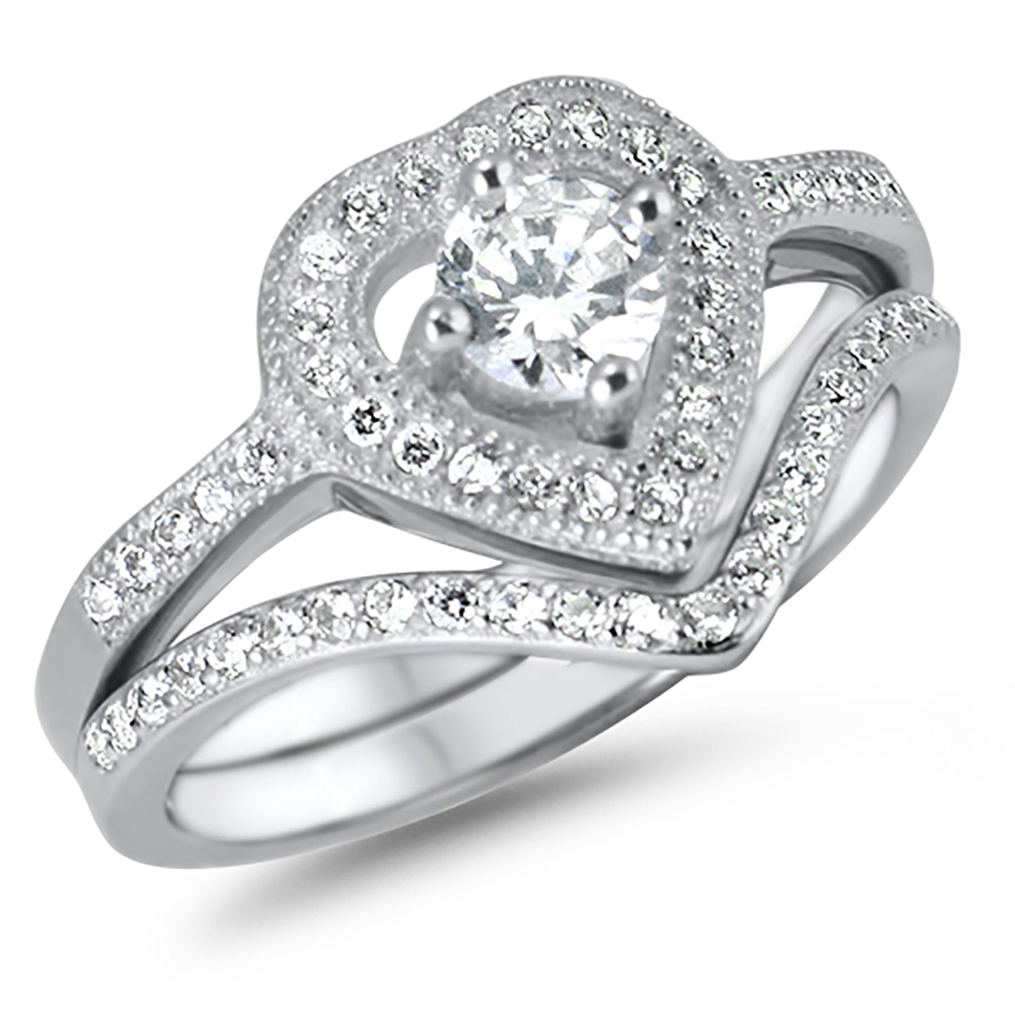 3/4 Carat Heart Cut CZ Sterling Silver Wedding Engagement Ring Set