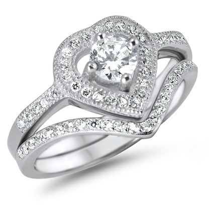 3/4 Carat Heart Cut CZ Sterling Silver Wedding Engagement Ring Set