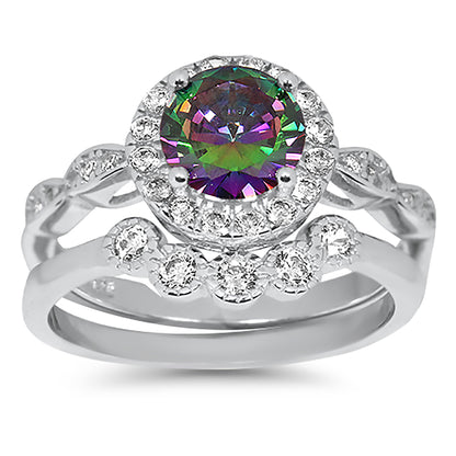 1 Carat Round Black Rainbow Topaz CZ Wedding Engagement Ring Set for Women