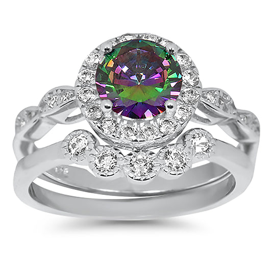 1 Carat Round Black Rainbow Topaz CZ Wedding Engagement Ring Set for Women