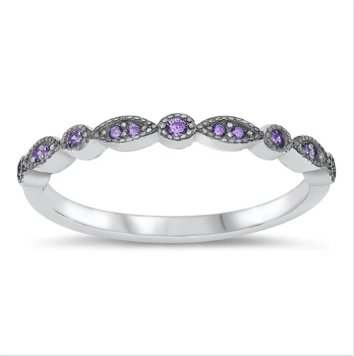 Purple CZ Simulated Amethyst Silver Wedding Band Ring for Women