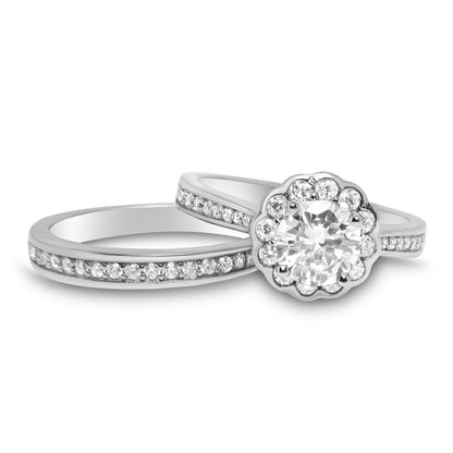 1 Carat Round Brilliant Halo Setting Wedding Engagement Ring Set