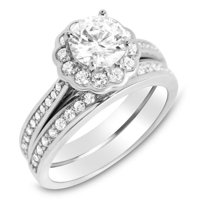 1 Carat Round Brilliant Halo Setting Wedding Engagement Ring Set