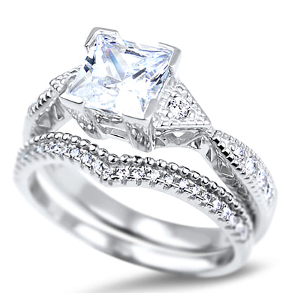 1 Carat Princess CZ Silver Wedding Ring Set