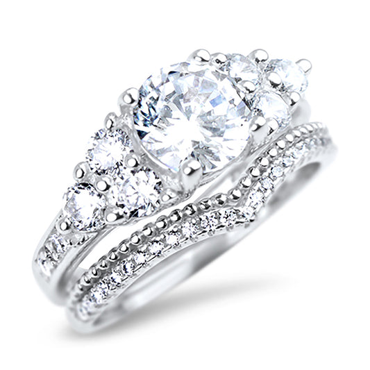 3 Stone White CZ Round Silver Wedding Engagement Ring Set