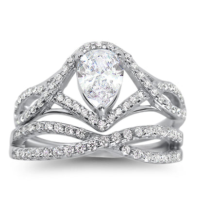 1 Carat Solitaire Pear Cut White CZ Wedding Ring Set in Sterling Silver