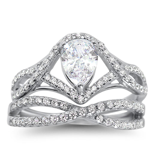 1 Carat Solitaire Pear Cut White CZ Wedding Ring Set in Sterling Silver