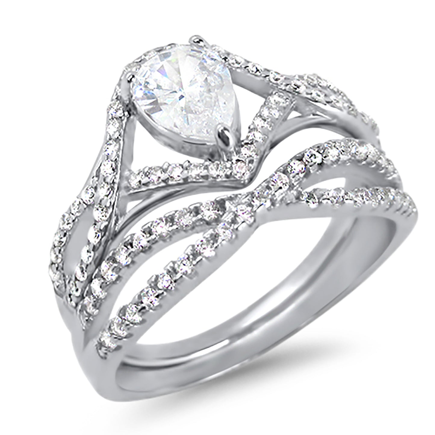 1 Carat Solitaire Pear Cut White CZ Wedding Ring Set in Sterling Silver