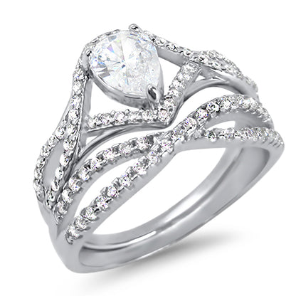 1 Carat Solitaire Pear Cut White CZ Wedding Ring Set in Sterling Silver