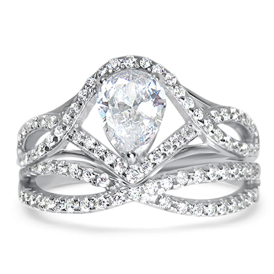 1 Carat Solitaire Pear Cut White CZ Wedding Ring Set in Sterling Silver